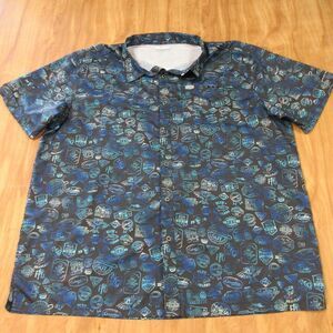 COLUMBIA PFG Super Slack Tide Camp Shirt Mens 3X Navy Blue Black Fishing AOP 3XL